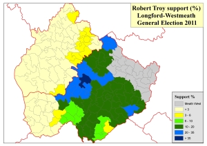 Figure 1(c): Vote share won by Robert Troy FF in Longford-Westmeath, 2011 General Election