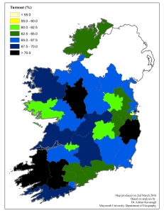 Figure 1: Voter turnout level (%) at the 2016 General Election by Dail constituency.